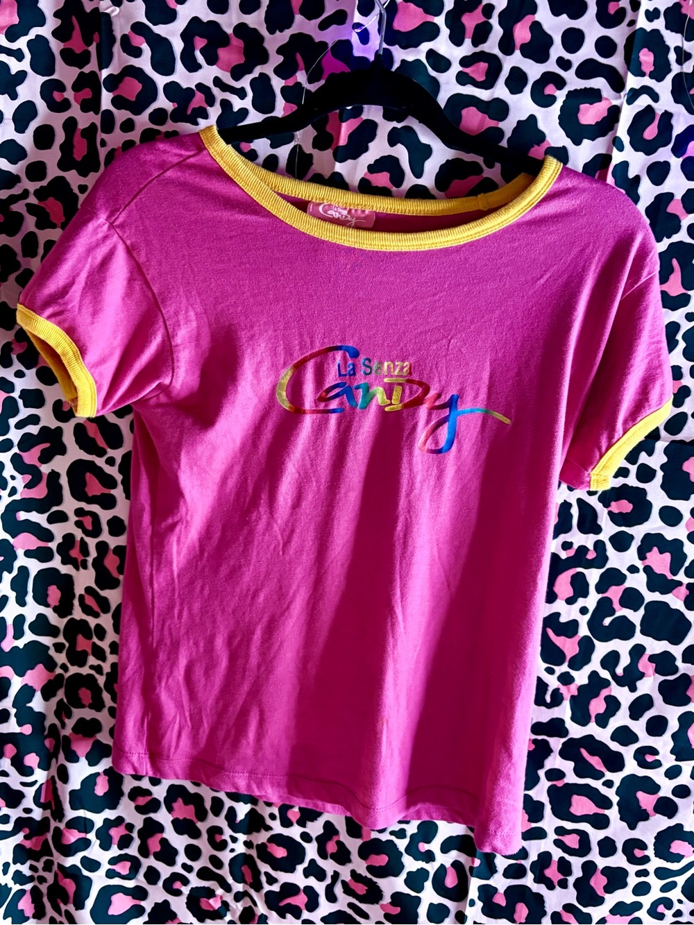 Y2K candy La SENZA Hot Pink Short Sleeve Tee with Yellow Contrast Trim